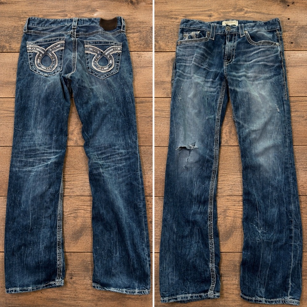 Big Star Pioneer Straight Jeans Mens 32R Blue Distressed Buckle Y2K Grunge Rodeo